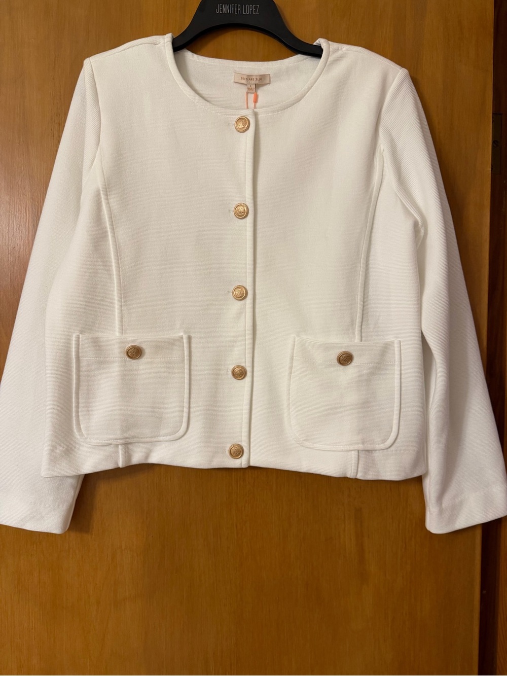 Skies Are Blue White Round-Neck Button Jacket with Patch Pockets